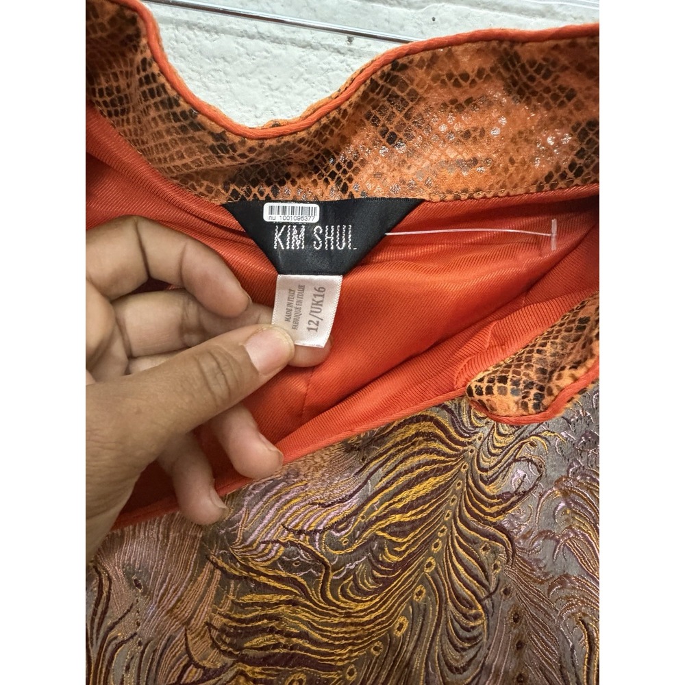 Kim Shui Metallic Peacock Jacquard Qipao Mini Dress Size 12 Orange Snakeskin - Picture 5 of 16